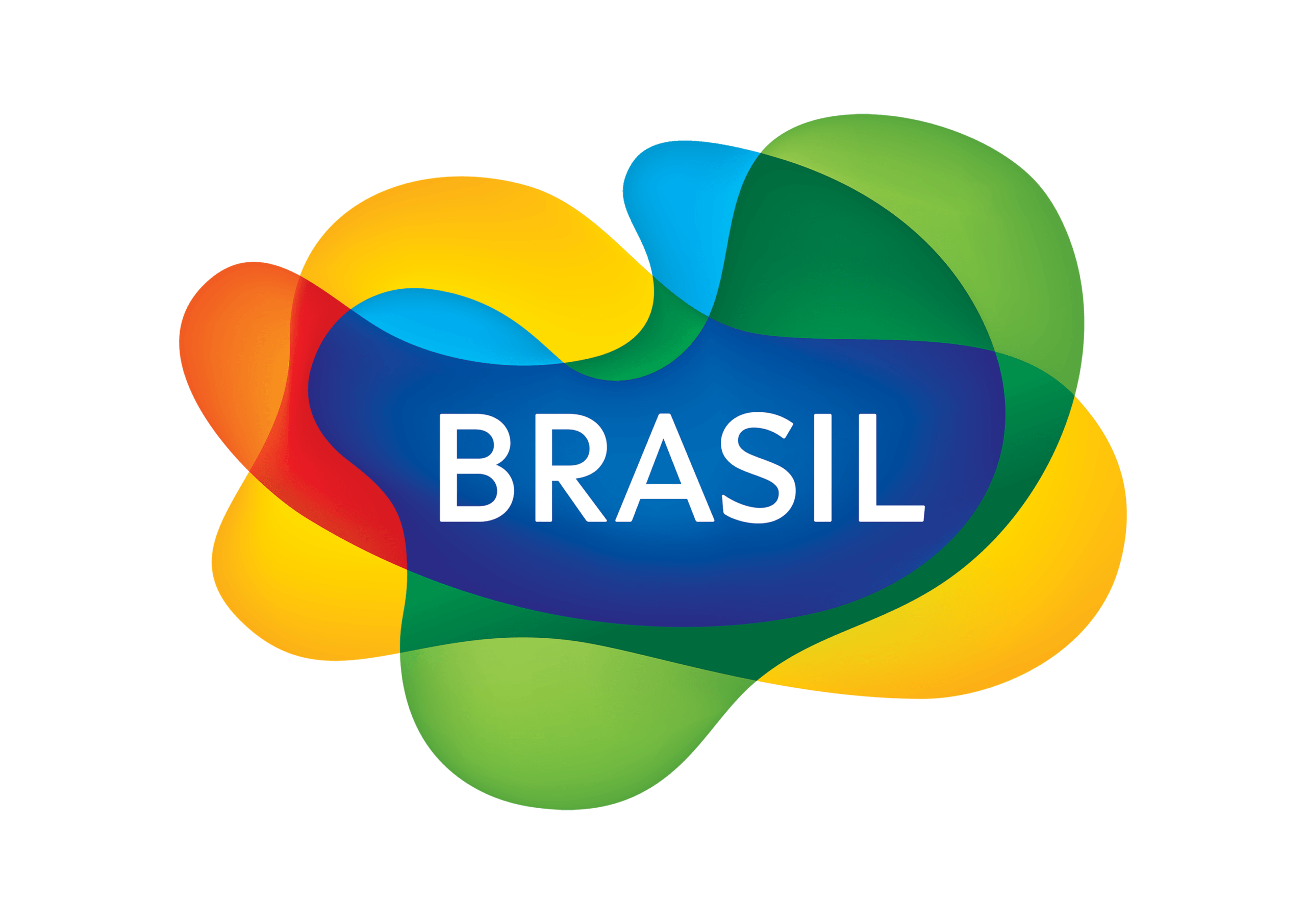 Abstrakte, farbenfrohe Formen in Gelb, Grün, Blau und Rot überlagern sich hinter dem Wort „BRASIL“ in fetten weißen Buchstaben vor einem hellgrauen Hintergrund.