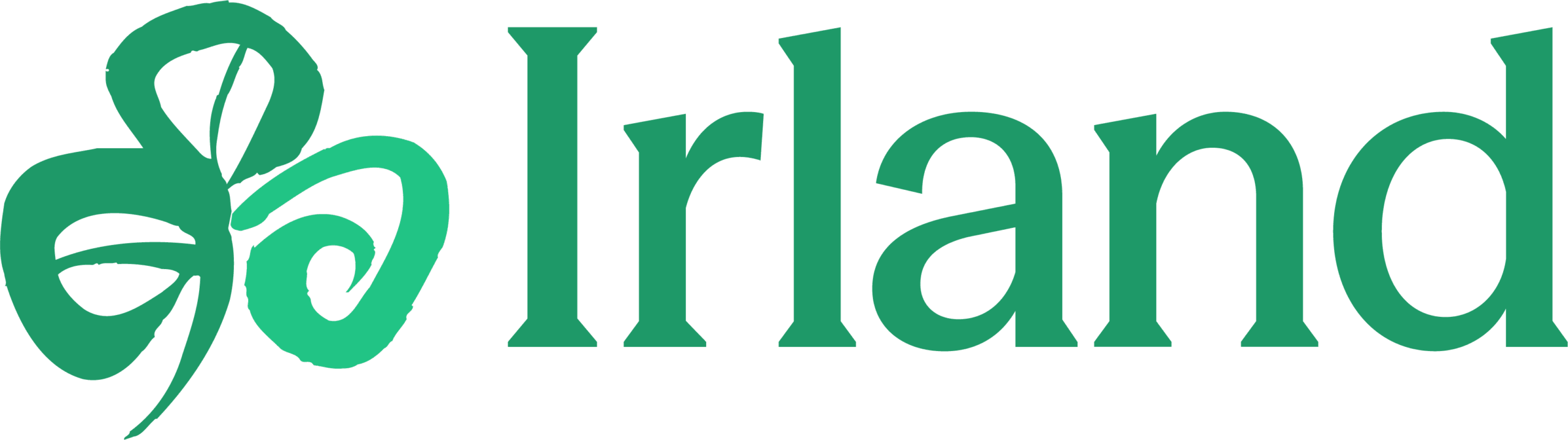 Grafik eines grünen Kleeblatts neben dem Wort „Irland“, das in grüner Schrift auf weißem Hintergrund steht.