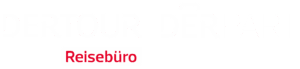Weißer Hintergrund mit schwacher, großer Schrift: DERTOUR und DERPART. Im Vordergrund steht in einem weißen Kasten mit roter Schrift "Reisebüro", was auf Deutsch "Reisebüro" bedeutet.
