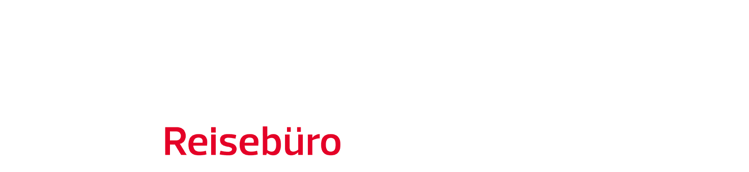 Weißer Hintergrund mit schwacher, großer Schrift: DERTOUR und DERPART. Im Vordergrund steht in einem weißen Kasten mit roter Schrift "Reisebüro", was auf Deutsch "Reisebüro" bedeutet.