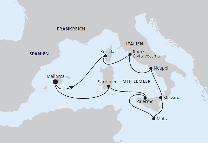Routenkarte_AIDAstella_Italien-und-Mittelmeerinseln
