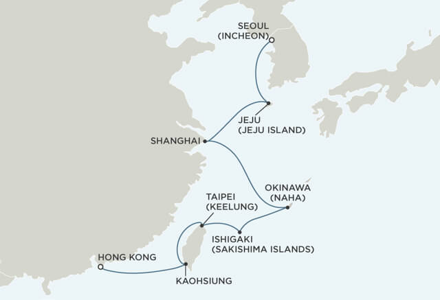 Die Karte zeigt eine Route von Regent Seven Seas Cruises (RSSC) in Ostasien mit Halt in Hongkong, Kaohsiung, Taipeh (Keelung), Ishigaki, Okinawa (Naha), Jeju Island, Seoul (Incheon) und Shanghai.