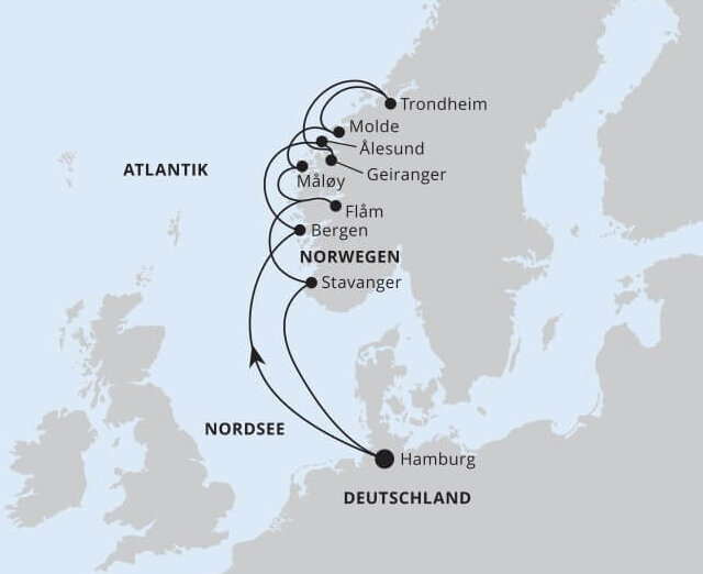 Routenkarte AIDAprima Norwegens Fjorde mit Geiranger & Trondheim