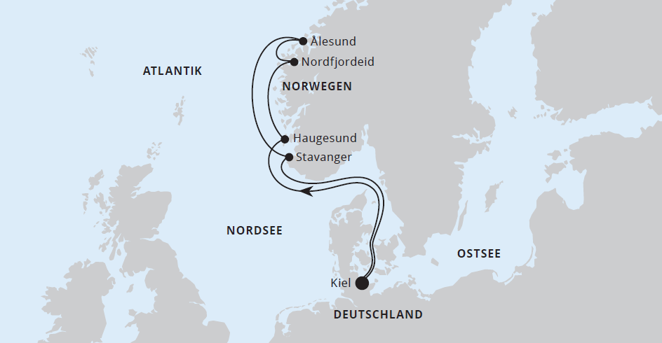 AIDAnova - Routenkarte Norwegen ab Kiel