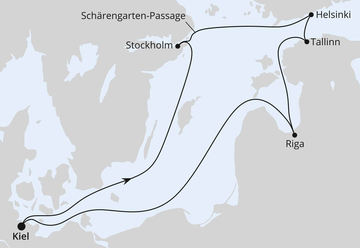 Routenkarte Weihnachtsmärkte in der Ostsee ab Kiel mit AIDAprima