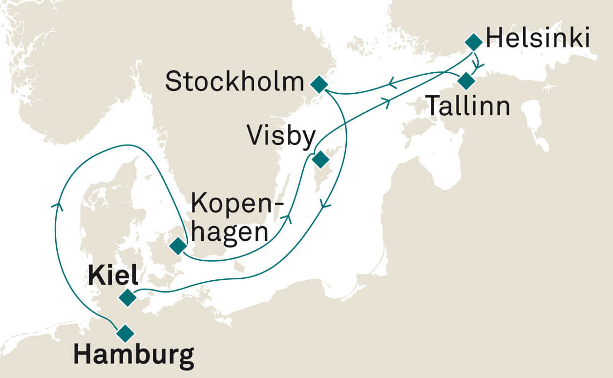 Routenkarte Queen Anne, Ostsee ab Hamburg bis Kiel