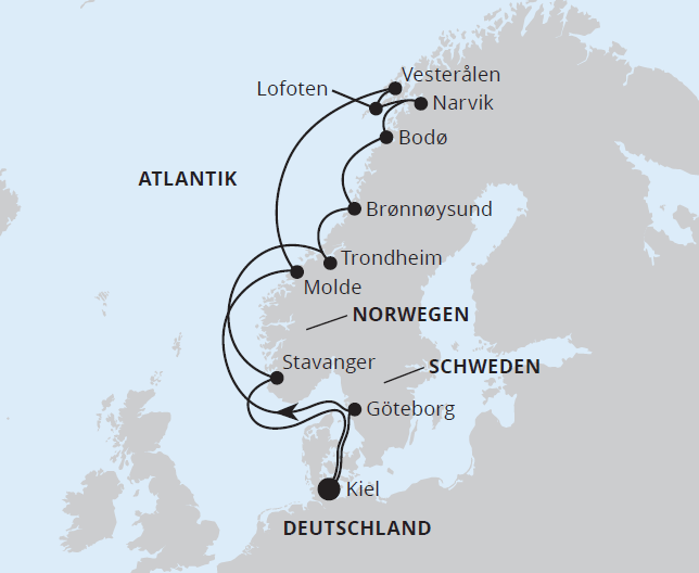 Routenkarte_AIDAbella_Norwegen-mit-Lofoten-und-Vesteralen