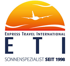 Logo von Express Travel International (ETI) mit einem weißen Flugzeug, das über eine orangefarbene Sonne fliegt, darunter der Text 