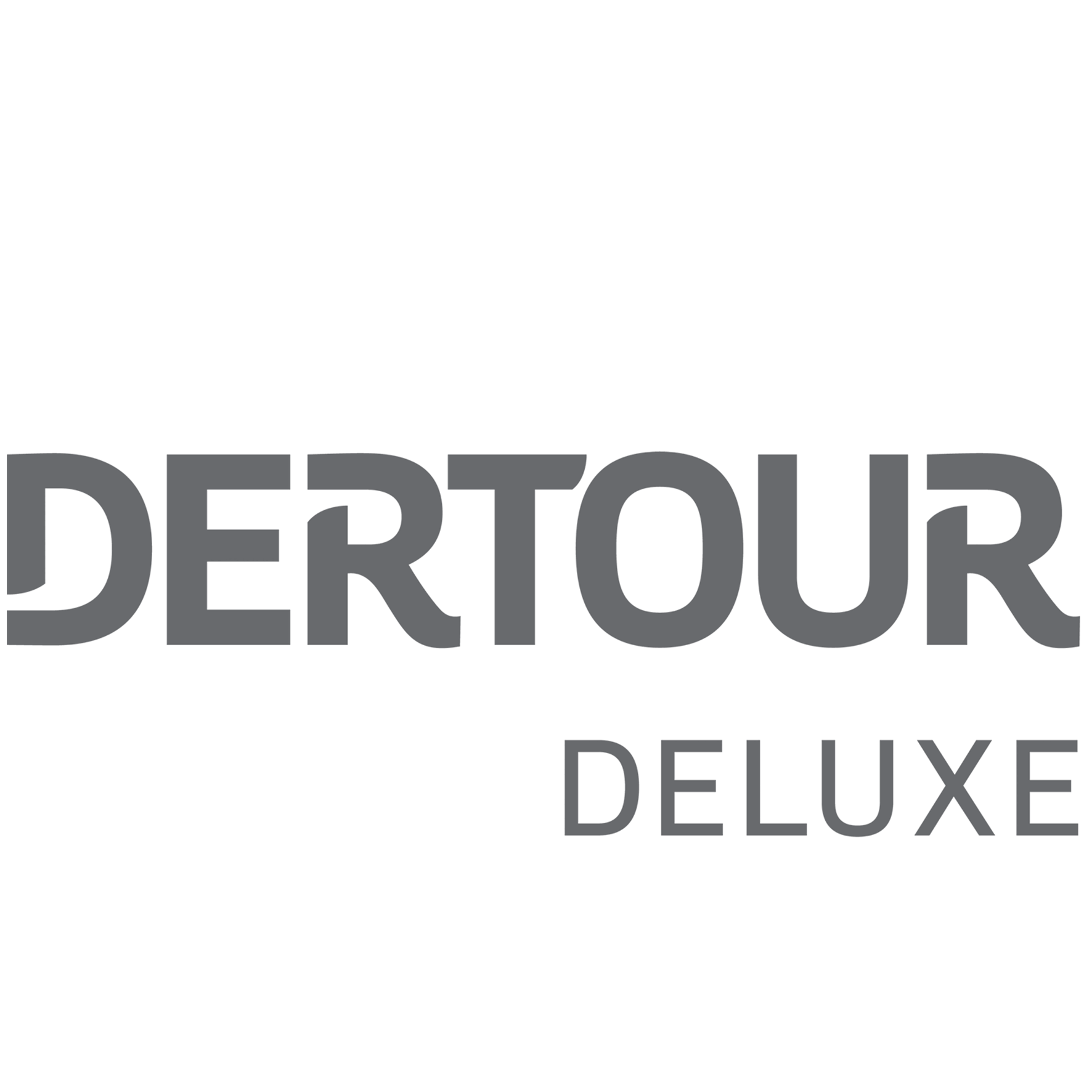 Das Bild zeigt das Logo für DERTOUR DELUXE mit DERTOUR in großen, fetten, grauen Buchstaben und DELUXE darunter in kleinerem, hellerem Grau, rechtsbündig. Der weiße Hintergrund erinnert an die Eleganz von Malediven Luxus Destinationen wie Marriott Malediven.