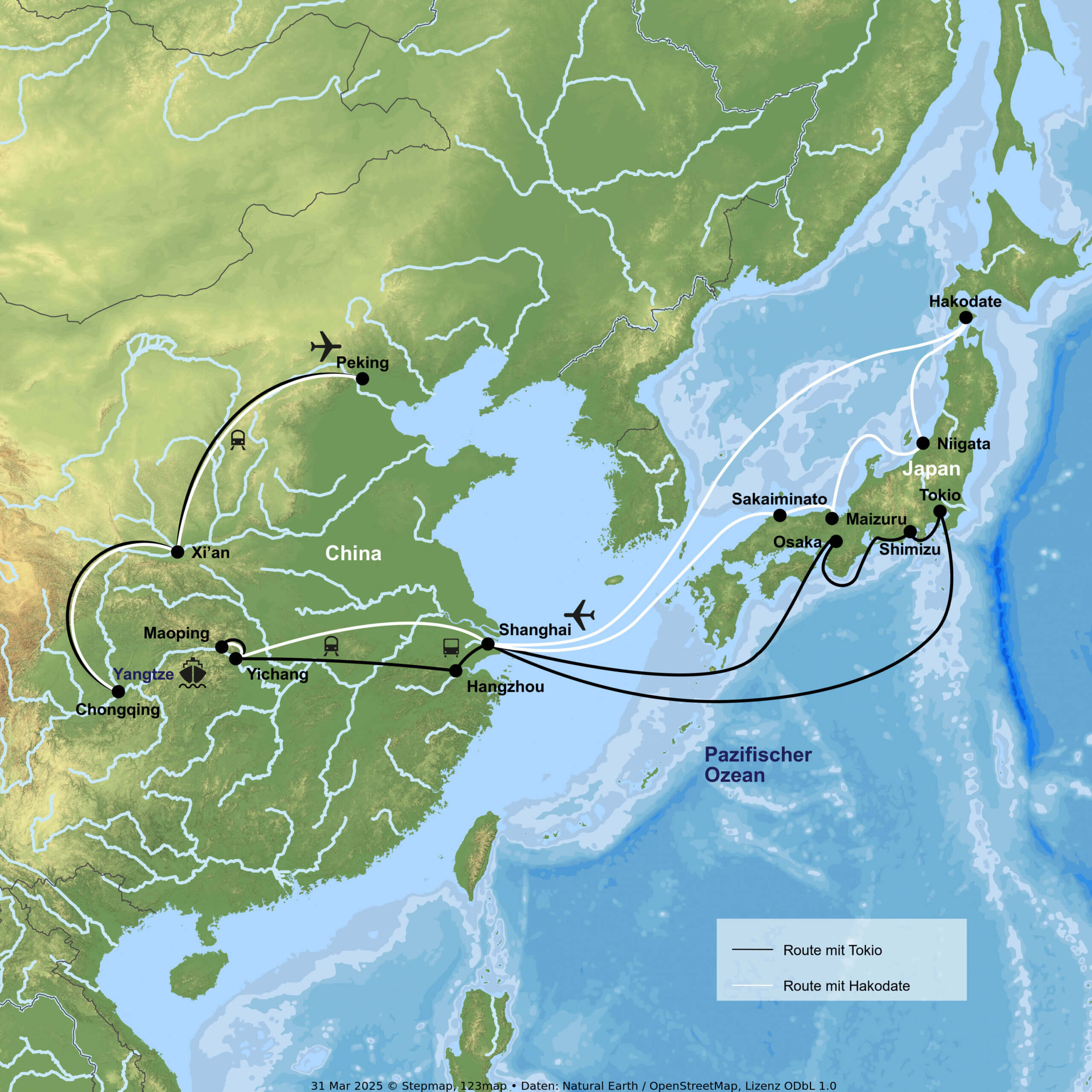Routenkarte der Kombinationsreise China & Japan von Berge & Meer mit Kreuzfahrt und Hotelaufenthalt