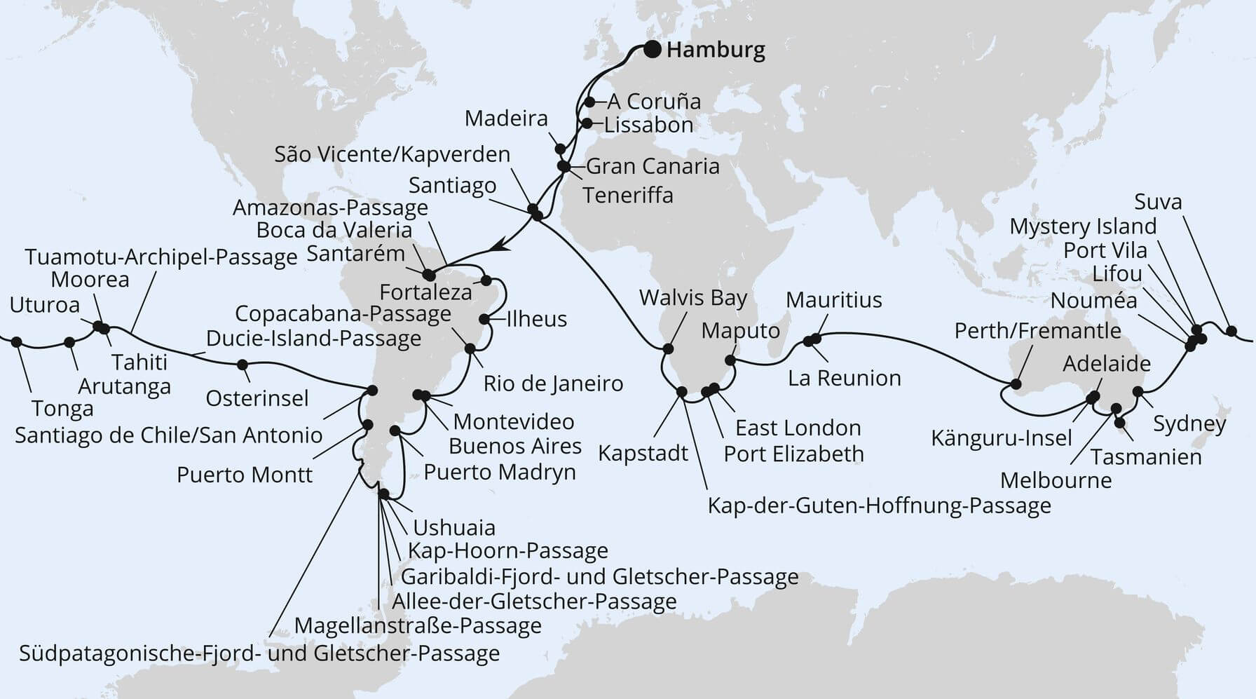 Routenkarte Weltreise 2026 mit AIDAsol