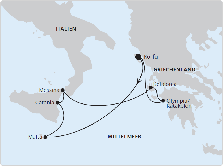Eine Karte zeigt eine Kreuzfahrtroute im Mittelmeer, die Malta, Catania und Messina in Italien sowie Korfu, Kefalonia und Olympia/Katakolon in Griechenland verbindet. Die Pfeile zeigen die Fahrtrichtung zwischen den Haltestellen an.