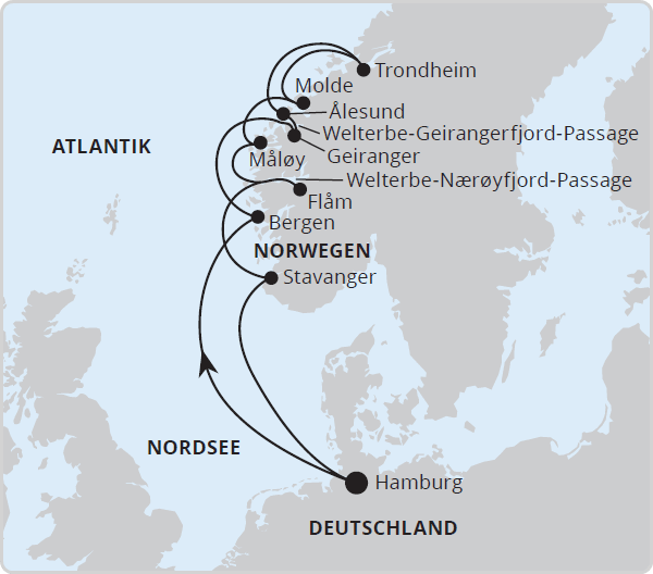 Karte mit Reiseroute von Hamburg entlang der norwegischen Küste zu mehreren Städten und Welterbe-Fjorden.