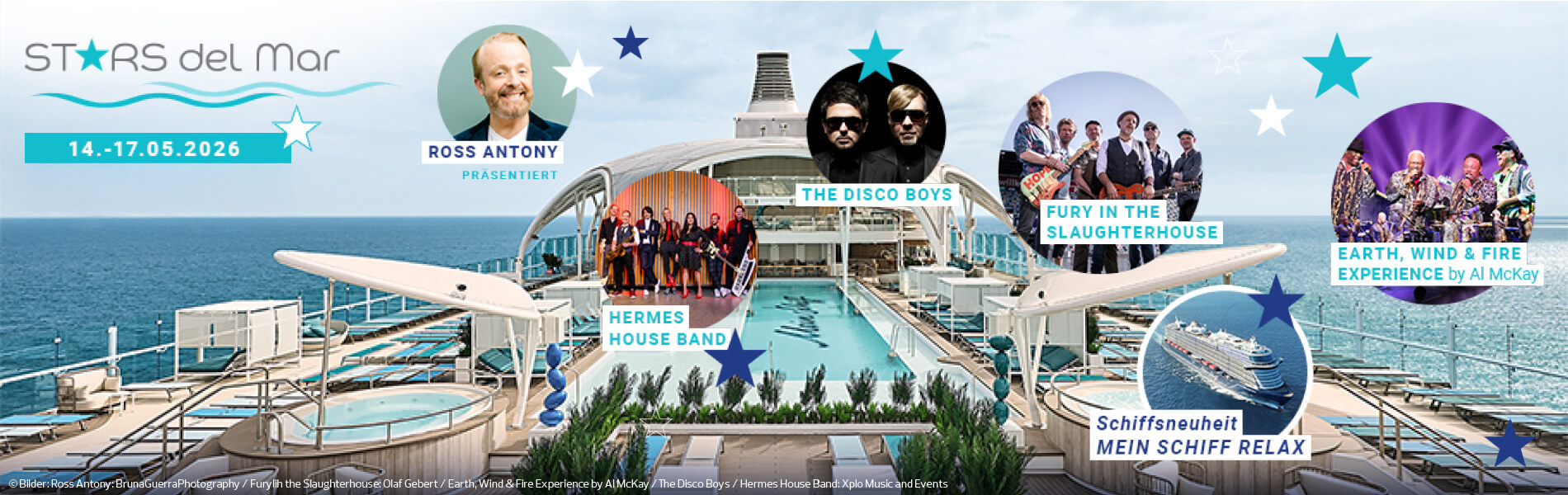 Blick auf das Pooldeck eines Kreuzfahrtschiffs mit mehreren blauen Sternen und runden Fotos von Musikgruppen und Künstlern zum Event Stars del Mar, darunter 'Ross Antony', 'The Disco Boys', 'Fury in the Slaughterhouse', 'Earth, Wind & Fire Experience' und 'Hermes House Band'.