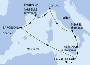 Karte des westlichen Mittelmeers mit Reiseroute von Barcelona über Marseille, Genua, Neapel, Messina bis La Valletta in Malta, Pfeile zeigen Fahrtrichtung.