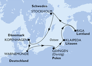 Karte der Ostsee mit Reiseroute von Warnemünde über Kopenhagen, Stockholm, Riga, Klaipeda und Gdingen, markiert mit Pfeilen und Ländernamen.