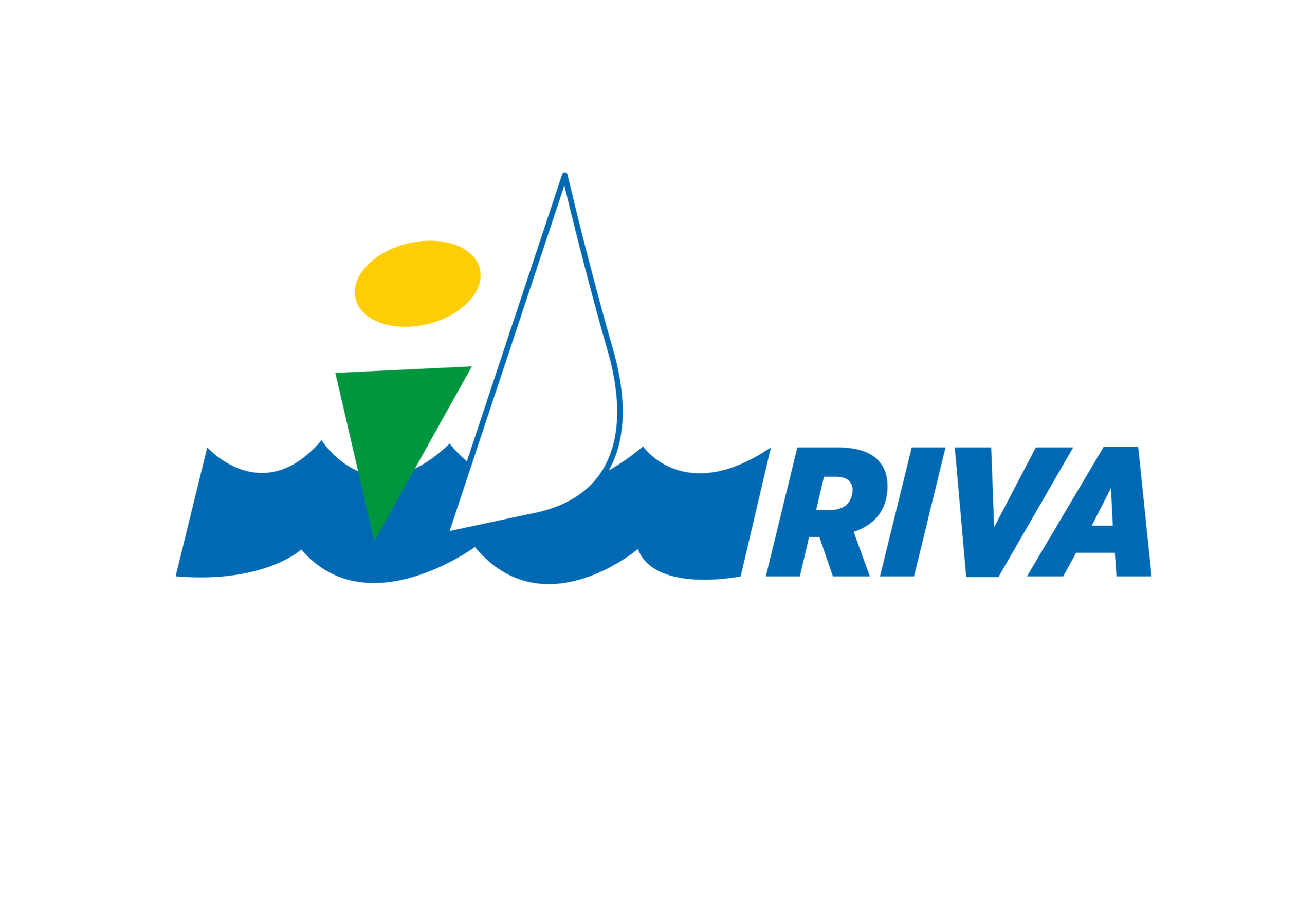 ID Riva Logo mit blauen Wellen, einem grünen Dreieck, einem gelben Oval, einem weißen Segelboot und dem Wort RIVA in blauen fetten Buchstaben auf hellem Hintergrund.