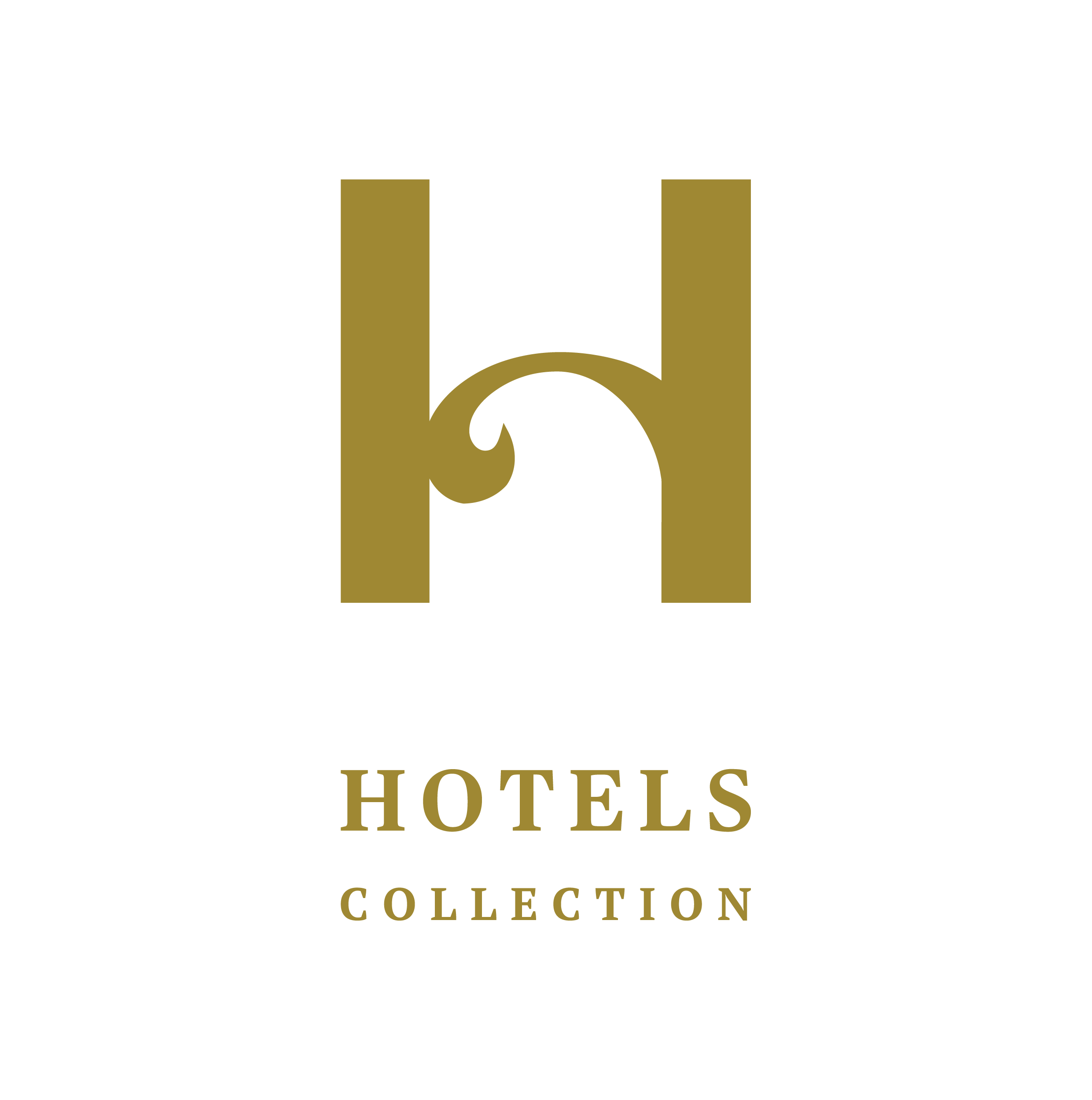 Ein goldener stilisierter Buchstabe H mit einer dekorativen Verzierung in der Mitte über der Aufschrift HOTELS COLLECTION in goldenen Großbuchstaben vor einem weißen Hintergrund.
