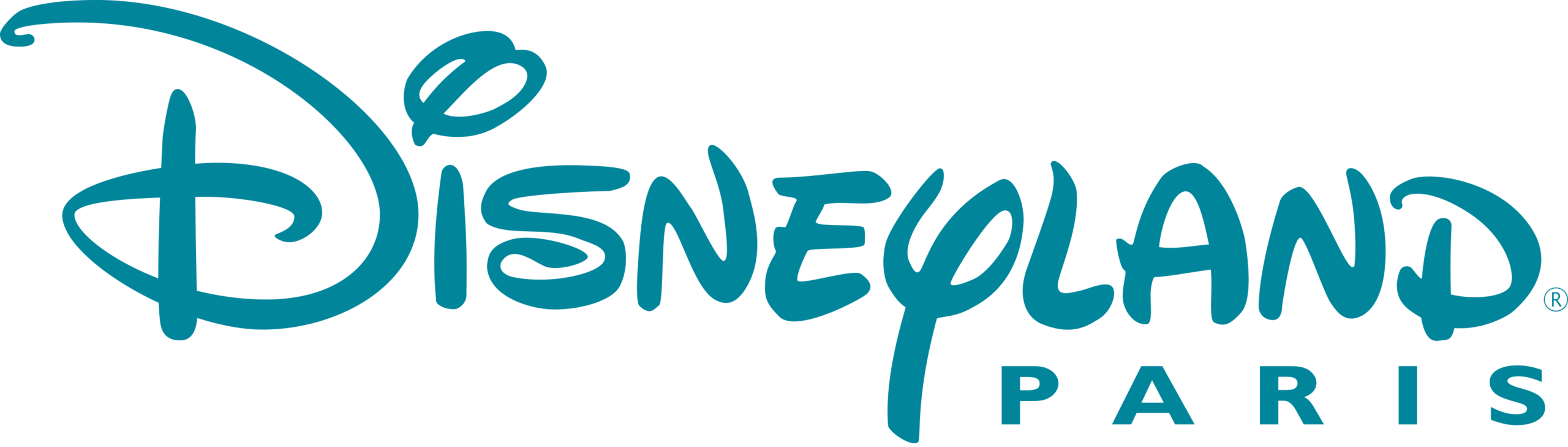 Das Bild zeigt das Logo von Disneyland Paris mit dem Schriftzug Disneyland in einer verspielten, stilisierten Schriftart über dem Wort Paris in Großbuchstaben, alles in Türkisblau auf weißem Hintergrund.