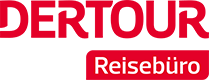 Logo mit dem Wort DERTOUR in fetten roten Buchstaben und darunter Reisebüro in weißer Schrift auf rotem Hintergrund.