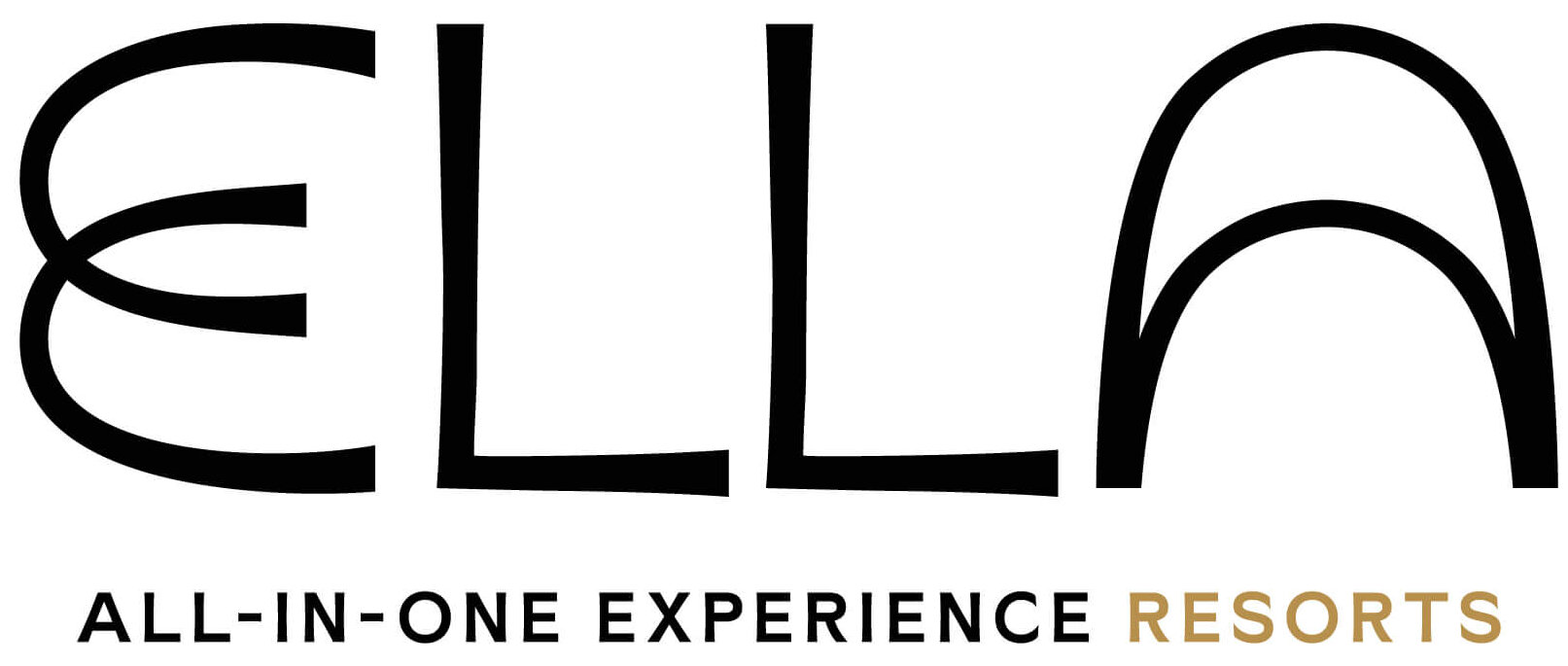 Das Logo zeigt das Wort ELLA in fetten, kunstvollen schwarzen Buchstaben, darunter den Text ALL-IN-ONE EXPERIENCE in Schwarz und RESORTS in Gold auf weißem Hintergrund.