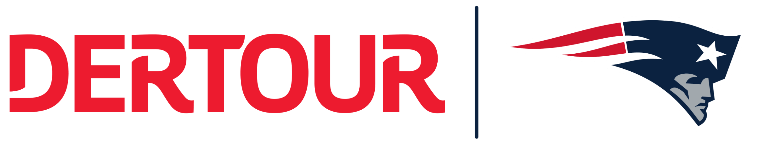 Das Bild zeigt das rote DERTOUR-Logo auf der linken Seite und das Logo des Football-Teams New England Patriots auf der rechten Seite, getrennt durch eine vertikale Linie.