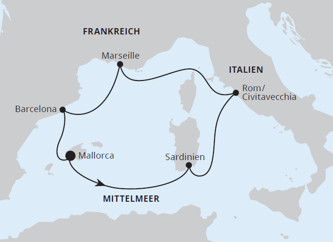 Karte einer Mittelmeer-Kreuzfahrtroute mit Start in Rom/Civitavecchia, Zwischenstopps auf Sardinien, Mallorca, Barcelona und Marseille und Rückkehr nach Italien. Die beschrifteten Länder sind Italien, Frankreich und Spanien. Die Pfeile zeigen die Reiserichtung an.