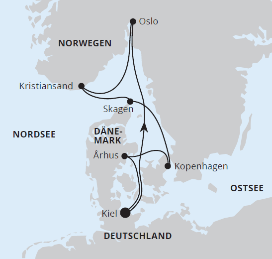 Eine einfache Karte mit Fährverbindungen zwischen Kiel in Deutschland, Skagen und Aarhus in Dänemark sowie Kristiansand und Oslo in Norwegen, wobei die Nordsee und die Ostsee eingezeichnet sind.