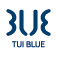 Dunkelblauer stilisierter Text mit der Aufschrift BLUE über einem kleineren Text mit der Aufschrift TUI BLUE auf weißem Hintergrund.
