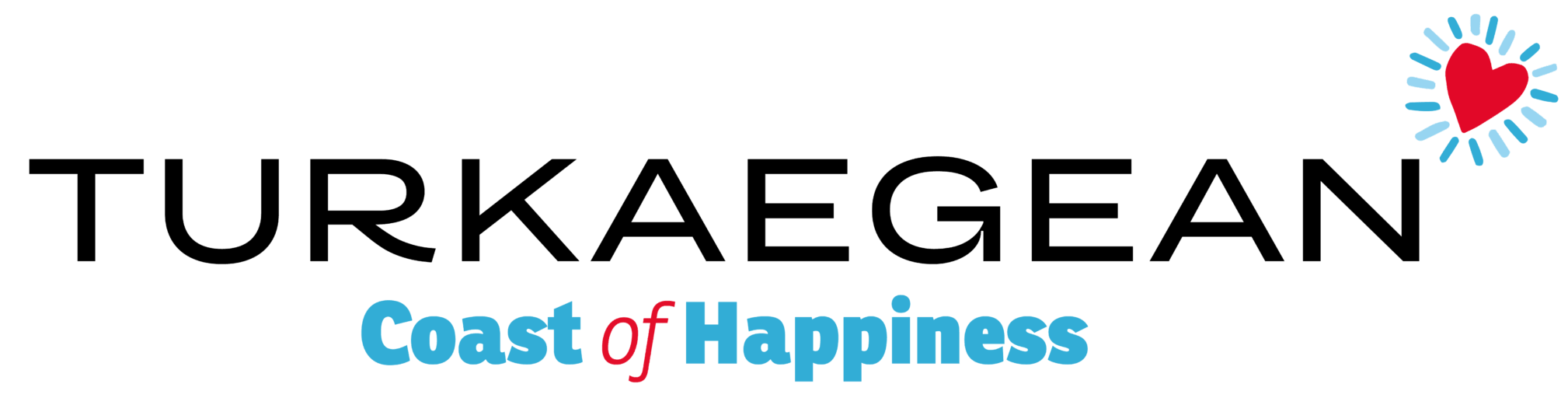 Das Bild zeigt den Schriftzug TURKAEGEAN in schwarzer Schrift, darunter die blaue Schrift Coast of Happiness. Über den Buchstaben A und G ist ein rotes Herz mit blauen Linien zu sehen. Der Hintergrund ist weiß.