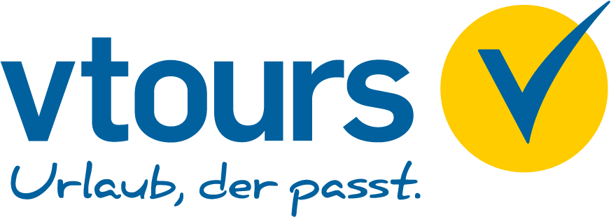Logo von vtours mit dem Text Urlaub, der passt. in blau. Rechts daneben ein gelber Kreis mit einem blauen Häkchen. Das Design verwendet eine einfache Schrift und klare Farben.