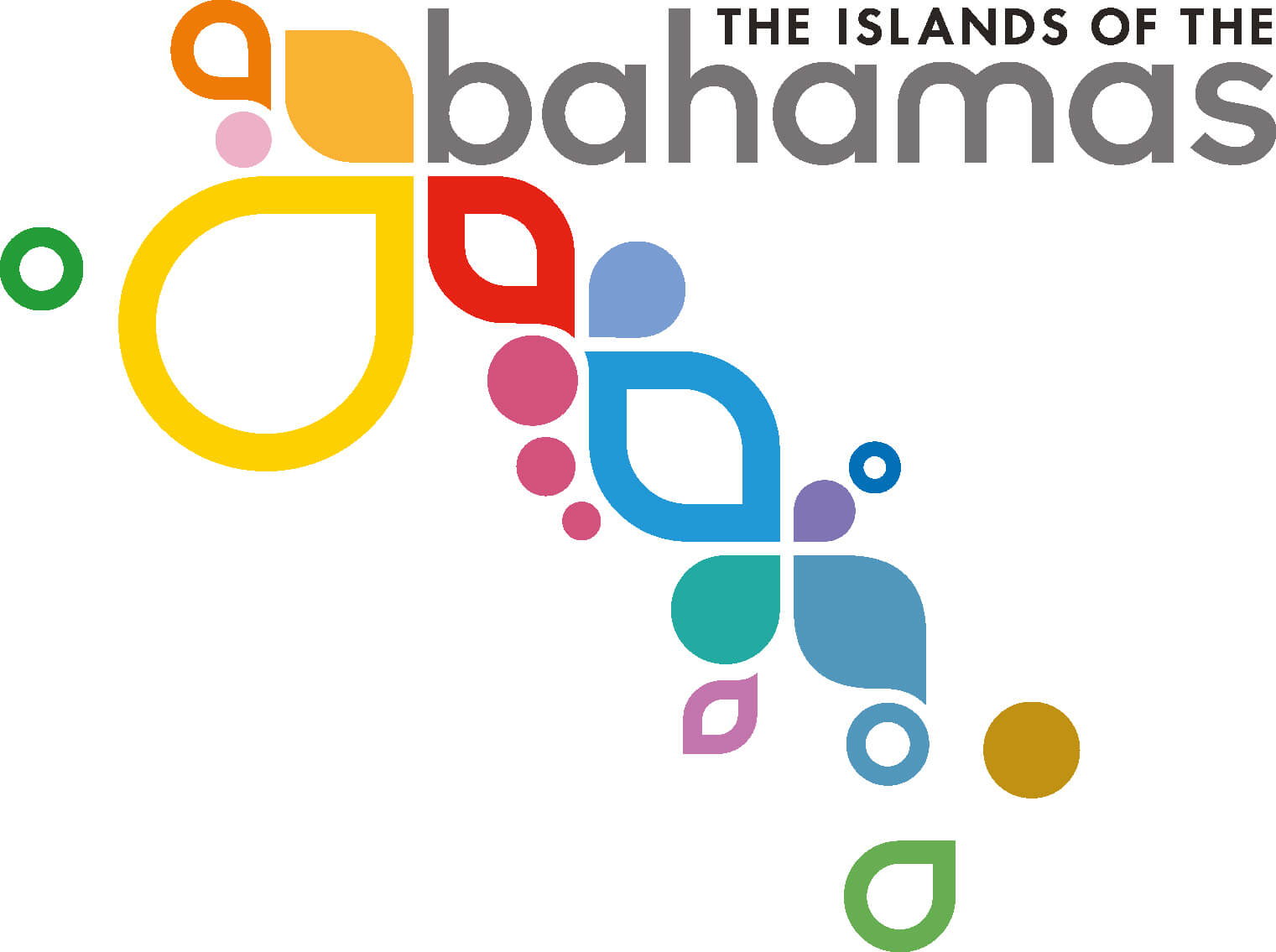 Bunte geometrische Formen bilden ein diagonales Muster unterhalb der Schriftzug „The Islands of The Bahamas“ in grauer Schrift auf weißem Hintergrund.