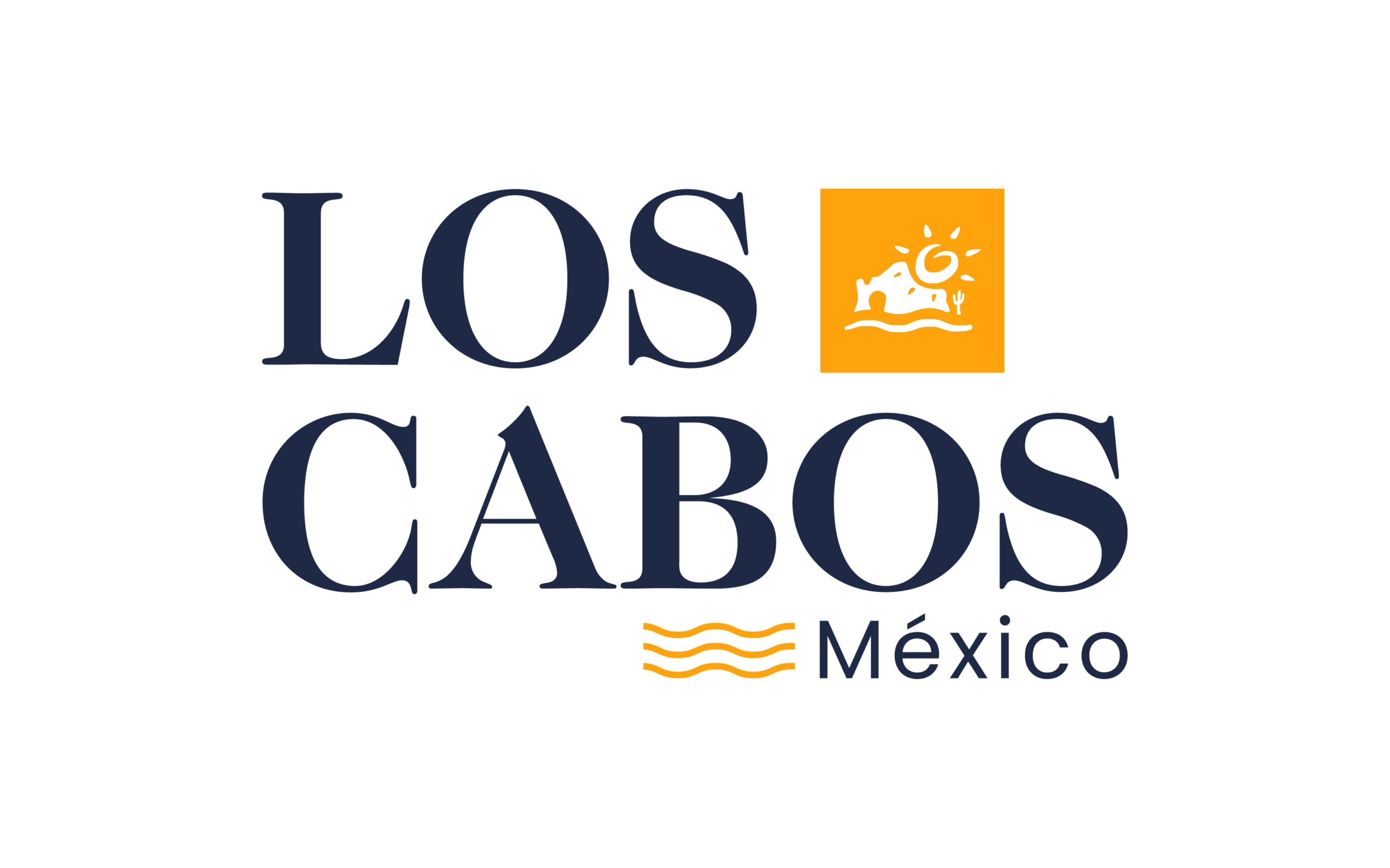 Logo für Los Cabos, Mexiko. Der Text ist in fetten, dunkelblauen Buchstaben gehalten, daneben befindet sich ein kleines orangefarbenes Quadrat, auf dem ein Haus, eine Sonne und Wellen zu sehen sind. Darunter stehen „Mexiko“ und drei orangefarbene Wellenlinien.