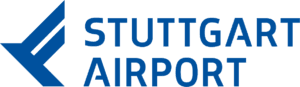 Das Logo des Flughafens Stuttgart zeigt links eine stilisierte blaue Grafik und rechts den Schriftzug „STUTTGART AIRPORT“ in fetten blauen Großbuchstaben.