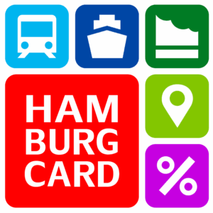 Sechs farbenfrohe Symbole: ein Zug, ein Schiff, eine Theatermaske, eine Stecknadel auf einer Karte, ein Prozentzeichen und ein rotes Quadrat mit der Aufschrift „HAMBURG CARD“ in fetter weißer Schrift, die für Verkehrsmittel, den Standort und Ermäßigungen in Hamburg stehen.