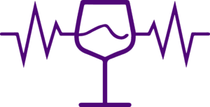 Ein violettes Weinglas ist zwischen zwei Herzfrequenzkurven zentriert und bildet so eine stilisierte Kombination aus einem Weinglas und einer EKG-Kurve.
