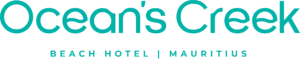 Logo für das Oceans Creek Beach Hotel auf Mauritius. Der Text ist in Blaugrün auf weißem Hintergrund gehalten, wobei unterhalb des größeren Schriftzugs „Oceans Creek“ der Text „Beach Hotel | Mauritius“ steht.