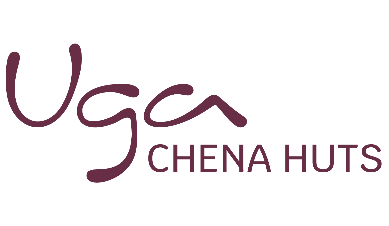 Das Logo enthält die Wörter „Uga Chena Huts“. „Uga“ ist in einer lockeren, handschriftlichen Schriftart über „CHENA HUTS“ geschrieben, das in Großbuchstaben und einer serifenlosen Schriftart dargestellt ist. Der gesamte Text ist in einem dunklen Bordeauxrot auf hellem Hintergrund gehalten.