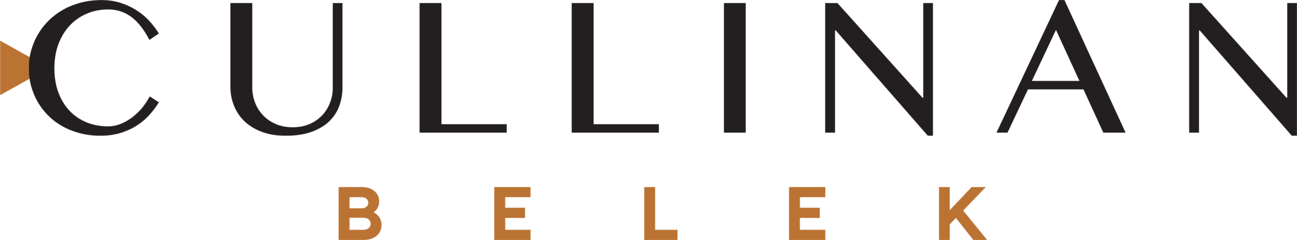 Das Bild zeigt den Text „CULLINAN BELEK“ in Großbuchstaben, wobei „CULLINAN“ schwarz und „BELEK“ braun ist. Das Design enthält auf der linken Seite ein kleines braunes Dreieck.