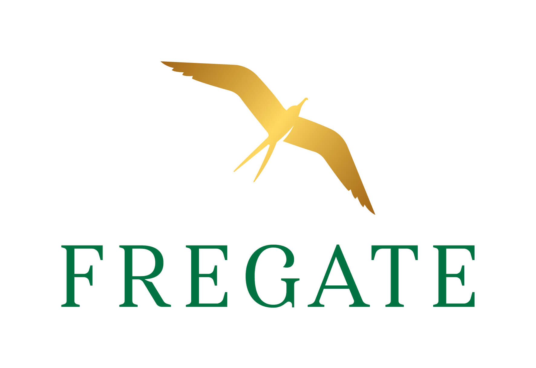 Über dem grünen Schriftzug „FREGATE“ auf weißem Hintergrund ist die goldene Silhouette eines Vogels mit ausgebreiteten Flügeln zu sehen.