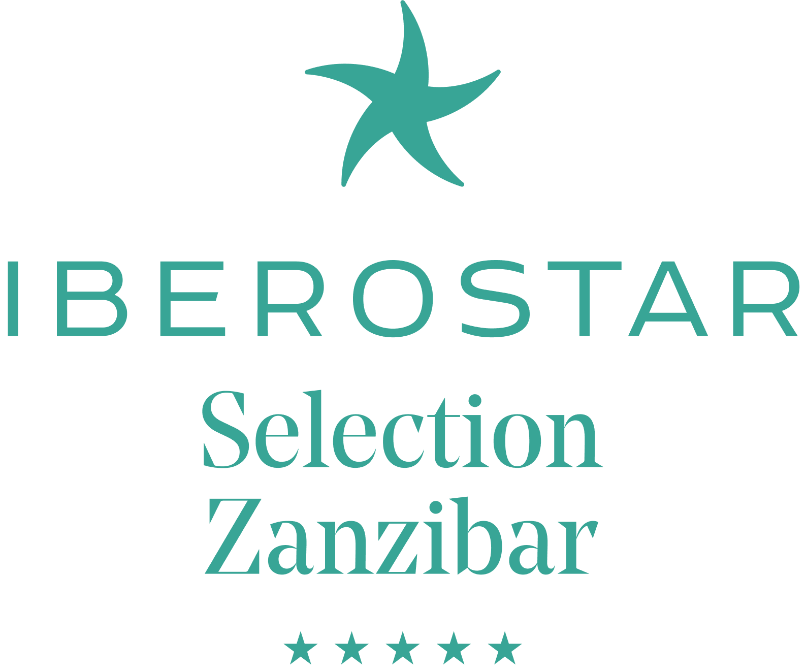 Ein blaugrüner Seestern über dem Schriftzug „IBEROSTAR Selection Zanzibar“ und fünf blaugrüne Sterne auf weißem Hintergrund.